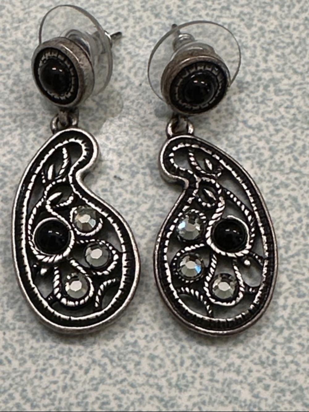Chico’s Paisley Drop Earrings with Black Stones - Silver-Tone